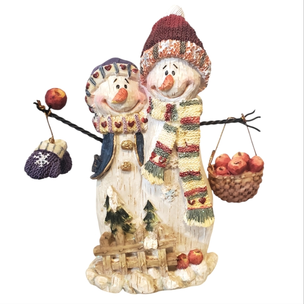 Snowmen Couple with Bag of Apples